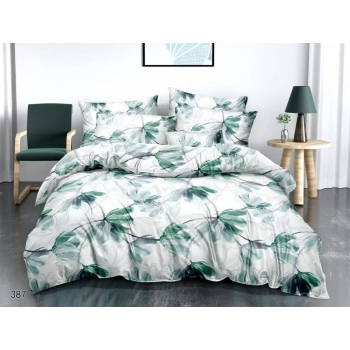 Pościel 200x220 Bawełna satynowa biała zielony kwiat PK598